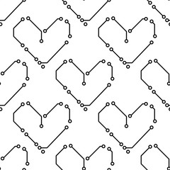 Printed circuit board black and white hearts shape computer technology seamless pattern, vector