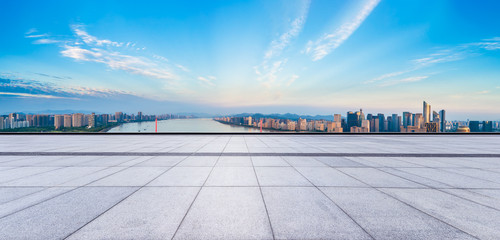 Empty floor and city skyline in hangzhou,high angle view