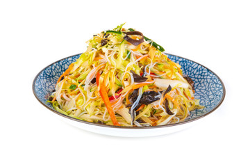 Korean salad with mushrooms on a white background