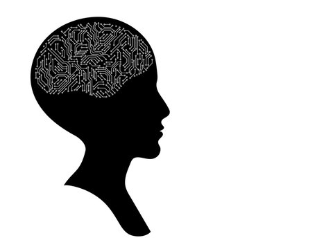 Bald female head profile silhouette with printed circuit board brain, black and white artificial intellect concept, vector