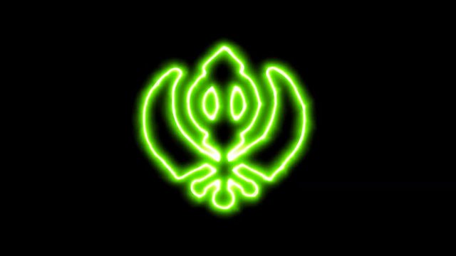The appearance of the green neon symbol khanda. Flicker, In - Out. Alpha channel Premultiplied - Matted with color black