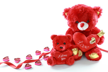 Red teddy bear with red heart and red ribbon with i love you candle on isolated white background. Valentine's day. Mother's day. 