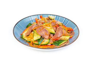 Korean salad with beef tongue on a white background
