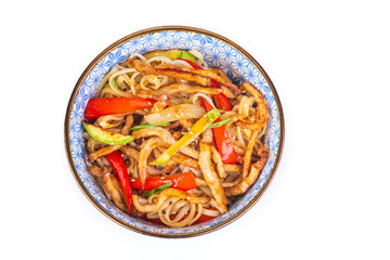Korean salad with meat on white background
