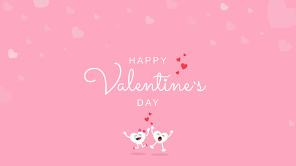 Happy Valentine's Day greeting card calligraphy handwriting with love heart and cute cartoon character on pink background. Vector illustration banner, wallpaper, poster, brochure template design.