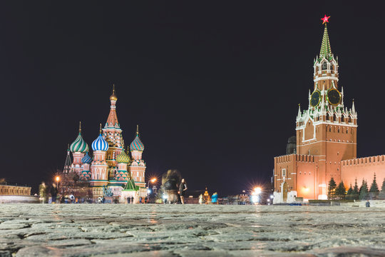 Russia, Moscow, Kremlin and St Basil's Cathedral at night
