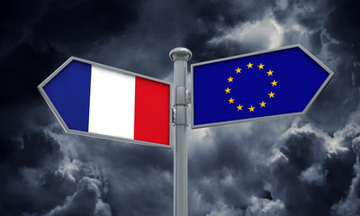 France and European Union guidepost. Moving in different directions. 3D Rendering