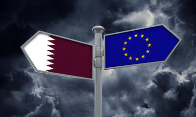 Qatar and European Union guidepost. Moving in different directions. 3D Rendering