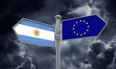 Argentina and European Union guidepost. Moving in different directions. 3D Rendering