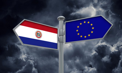Paraguay and European Union guidepost. Moving in different directions. 3D Rendering