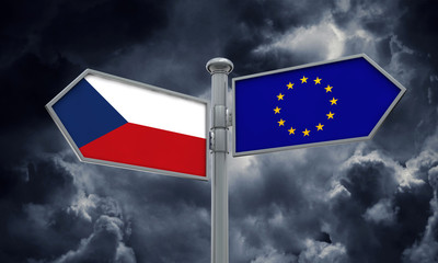 Czech Republic and European Union guidepost. Moving in different directions. 3D Rendering