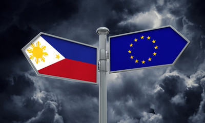 Philippines and European Union guidepost. Moving in different directions. 3D Rendering