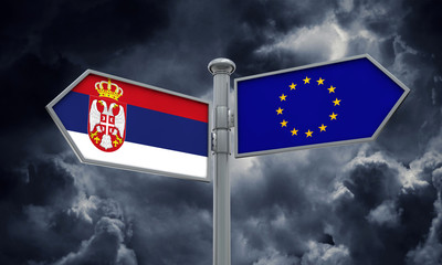 Serbia and European Union guidepost. Moving in different directions. 3D Rendering