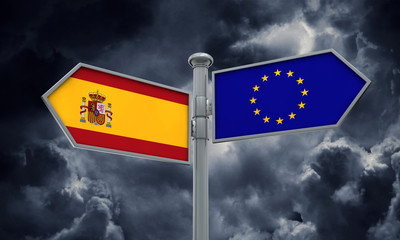Spain and European Union guidepost. Moving in different directions. 3D Rendering