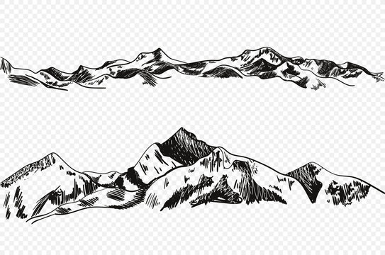 Vector Hand Drawn Mountains, Sketchy Illustration Isolated on Light Transparent Background.