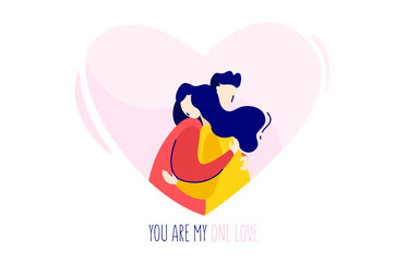 Illustration with a girl hugging a boy. Love card in trendy flat linear style. Vector.