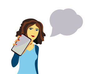girl shows the phone and says, woman isolated, bubble for text, man drawn
