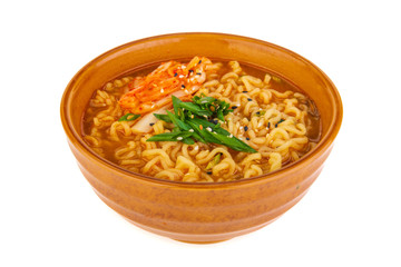 Korean noodles with kimchi on a white background