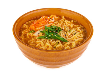 Korean noodles with kimchi on a white background