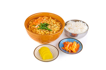 Korean noodles with kimchi on a white background
