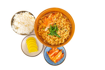 Korean noodles with kimchi on a white background