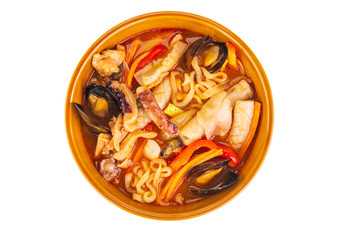 Korean seafood soup on a white background