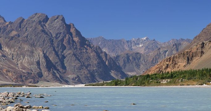 Beautiful mountains of Himalaya range and Shyok river flowing in majestic natural valley in Ladakh, India