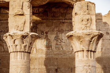 Ancient hieroglyphics still visible in colour on the exterior of Edfu Temple near Luxor Egypt - obrazy, fototapety, plakaty
