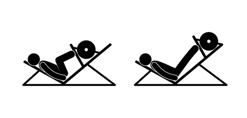 Sports shells set of icons. Stick figure people in the gym. Pictogram man bodybuilder. Barbell, fitball and simulators illustration. 