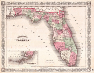 Antique Map of Florida, 1866, Johnson