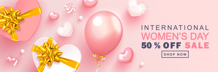 8 March Happy Women's Day sale banner. Beautiful Background with gift boxes,hearts, balloons,beads and serpentine. Vector illustration for website , posters,ads, coupons, promotional material.