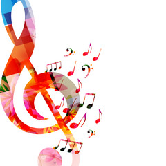 Naklejka premium Music background with colorful music notes and G-clef vector illustration design. Artistic music festival poster, live concert events, music notes signs and symbols