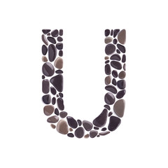 U Letter made of black beach stones isolated on white background