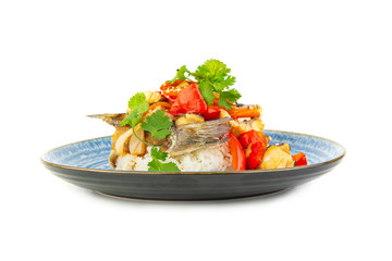 Korean dish with grilled fish on a white background