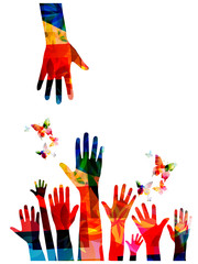 Colorful human hands with butterflies vector illustration design
