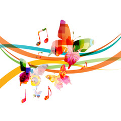 Fototapeta premium Music background with colorful music notes and butterflies vector illustration design. Artistic music festival poster, live concert events, music notes signs and symbols