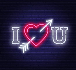 I love you neon. Heart with arrow sign. Vector illustration on dark background. © TanyaFox