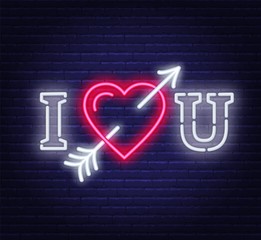 I love you neon. Heart with arrow sign. Vector illustration on dark background.