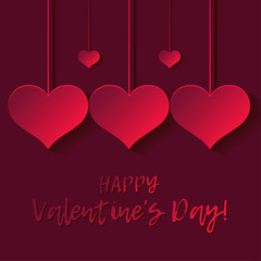 Decorative 3D red hearts on red background with shadow. Valentine's day. Vector illustration. Greeting card. Can be used for wallpaper, textile, invitation card, web page background.