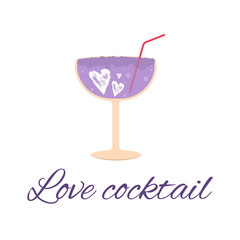 Lovely Valentines day gift card with  glass of wine, sweet cocktail, hearts .