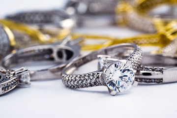 Engagement diamond wedding ring group on white background, diamond, golden rings