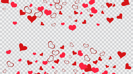 Part of the design of wallpaper, textiles, packaging, printing, holiday invitation for birthday. Stylish background. Red on Transparent background Vector. Red hearts of confetti crumbled.