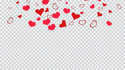 Spring background. Red on Transparent fond Vector. Design element for wallpaper, textiles, packaging, printing, holiday invitation for birthday. Red hearts of confetti crumbled.