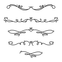 Fototapeta premium Vector vintage line elegant valentine dividers and separators, swirls and corners decorative ornaments. Floral lines filigree design heart elements. Flourish curl illustration