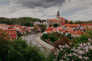 Obraz premium Cesky Krumlov city from aerial view with river. Czech Republic