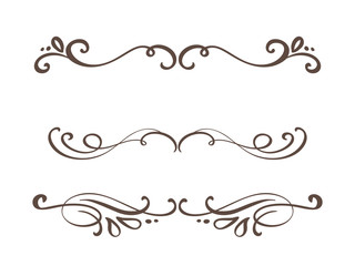 Vector vintage line elegant dividers and separators, swirls and corners decorative ornaments. Floral lines filigree design elements. Flourish curl elements for invitation or menu page illustration