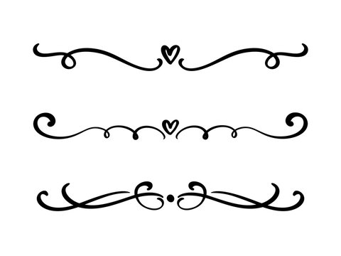 Vector vintage line elegant valentine dividers and separators, swirls and corners decorative ornaments. Floral lines filigree design heart elements. Flourish curl