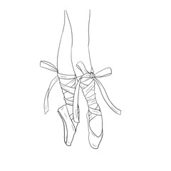 Hand drawn ballerina legs in a ballet pointe shoe. Outline, white background