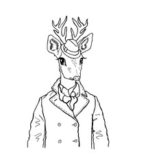 Hand drawn colorful cute hipster deer in а vintage stylish gentleman costume. Outline for coloring, white background.