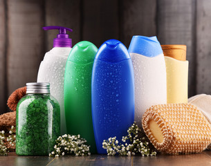 Plastic bottles of body care and beauty products